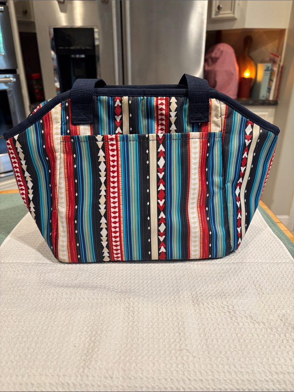 thirty-one Multicolor Striped Aztec Lunch tote with Navy Trim